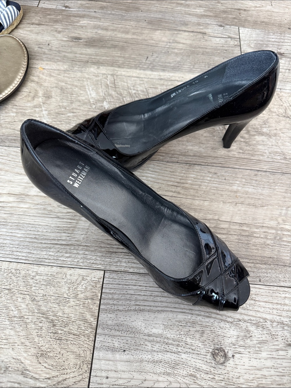 Stuart Weitzman Black Patent Peep-Toe Heels